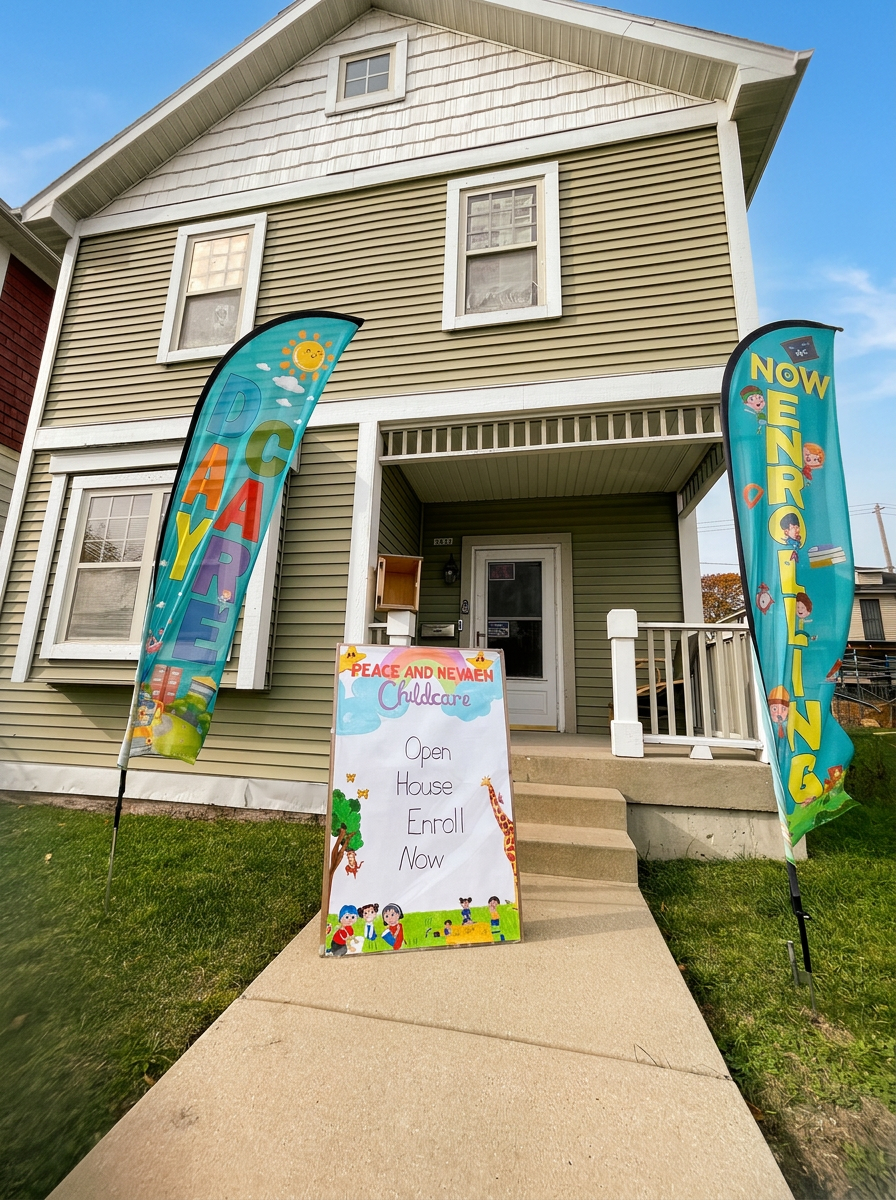 Peace & Nevaeh Childcare house entrance with Now Enrolling and Open House signs