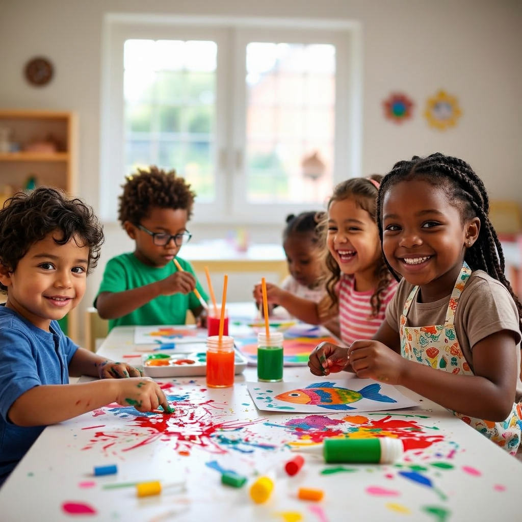 Children painting colorful art projects together