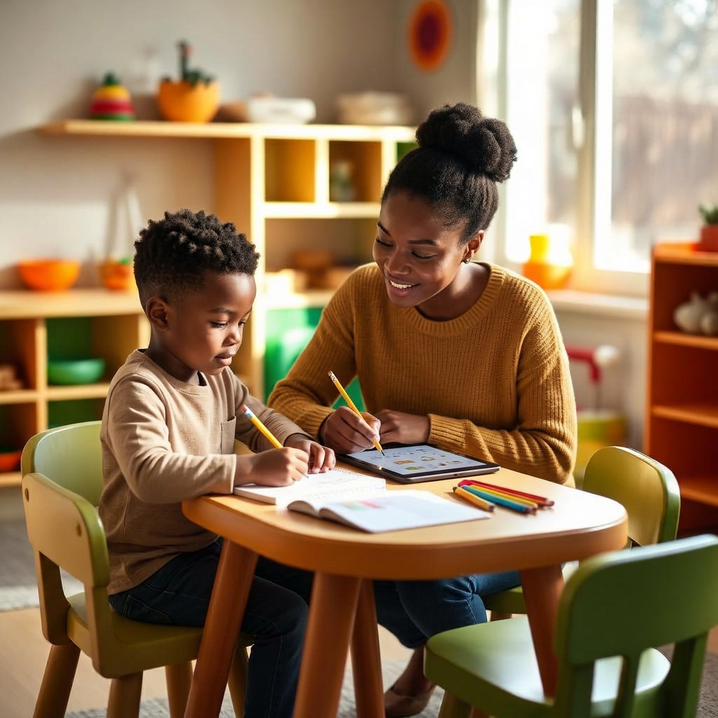 Educator helping a child with homework at a small table