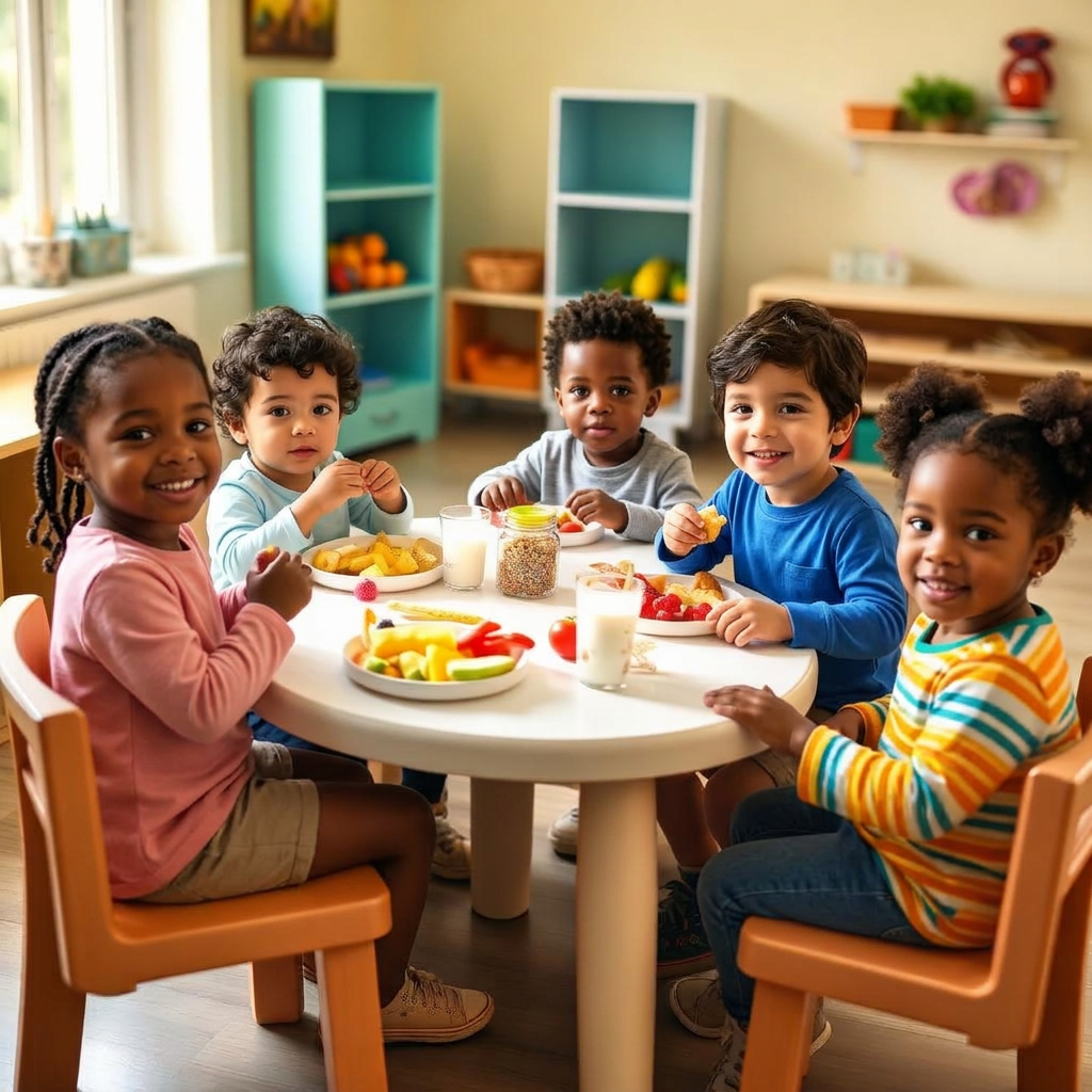 Children enjoying a healthy family-style meal